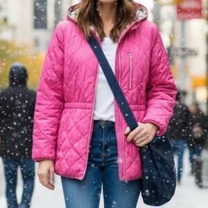 Nuage Reversible Puffer Jacket Womens Sz 1X Pink Pastel Camo Hooded Quilted Coat